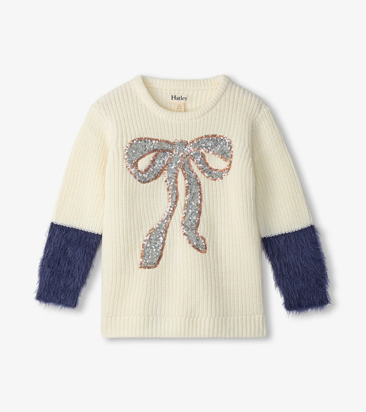 Girls Sequin Bow Fluffy Sleeve Sweater - Hatley Girls