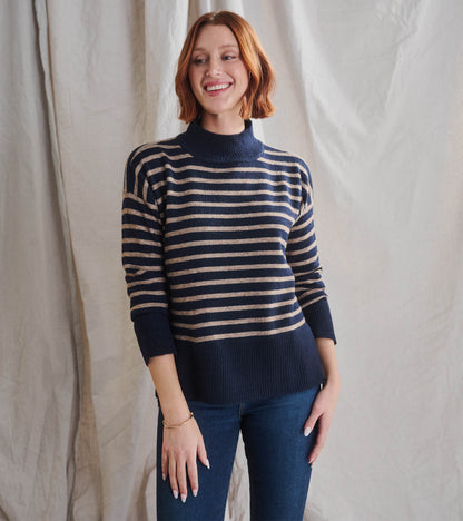 Mock Neck Tunic - Navy Taupe Stripes - Hatley Women