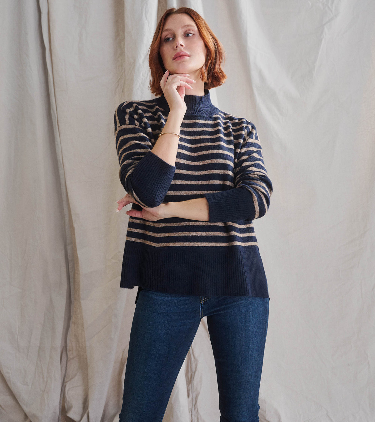 Mock Neck Tunic - Navy Taupe Stripes - Hatley Women