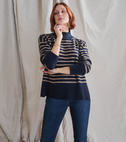 Mock Neck Tunic - Navy Taupe Stripes - Hatley Women