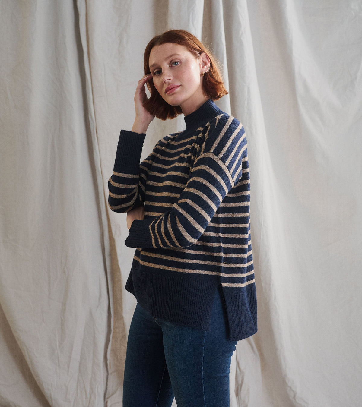 Mock Neck Tunic - Navy Taupe Stripes - Hatley Women