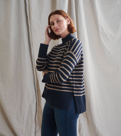 Mock Neck Tunic - Navy Taupe Stripes - Hatley Women