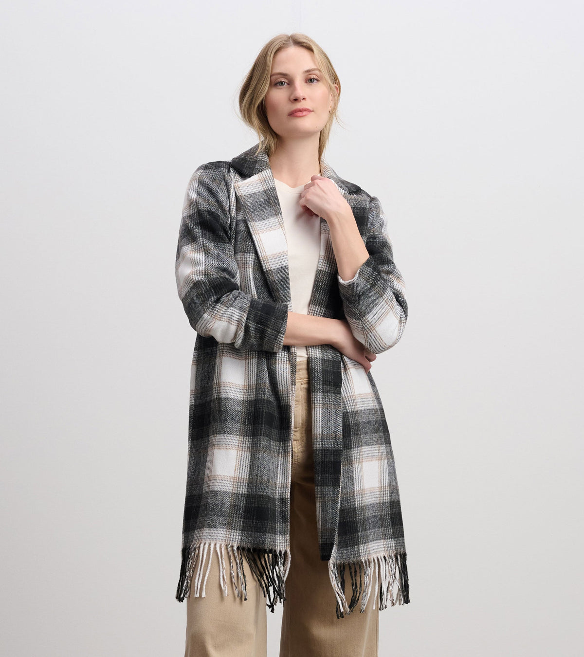 Fringe Jacket - Black and Taupe Plaid - Hatley Women