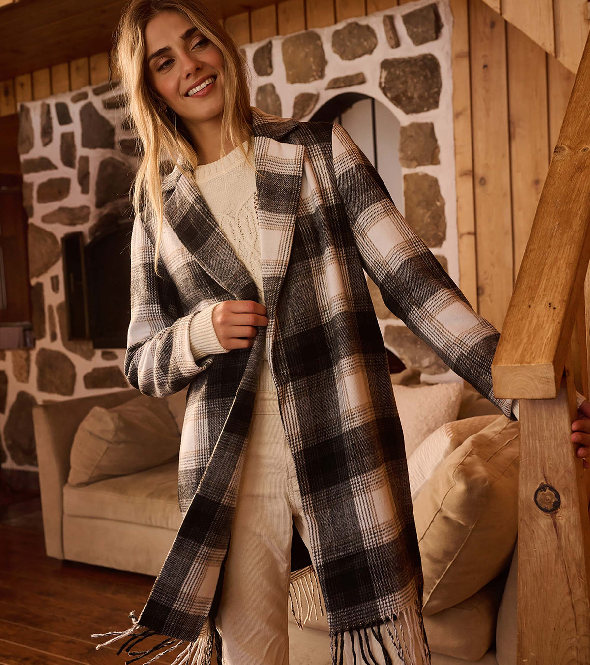 Fringe Jacket - Black and Taupe Plaid - Hatley Women