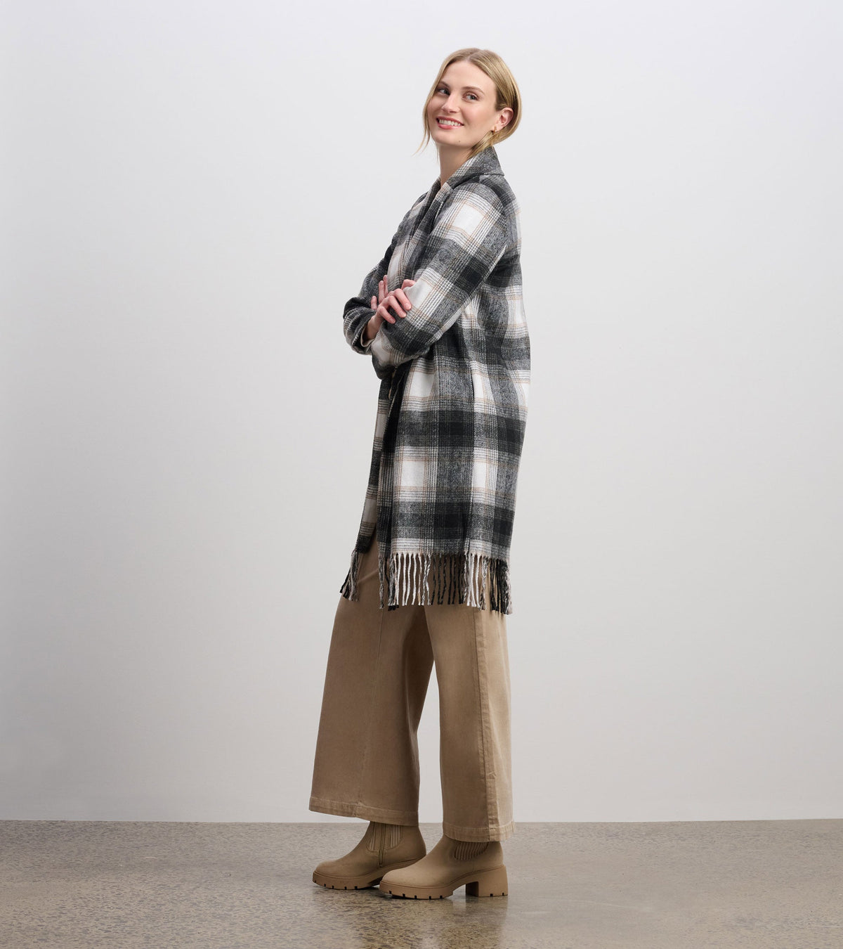 Fringe Jacket - Black and Taupe Plaid - Hatley Women