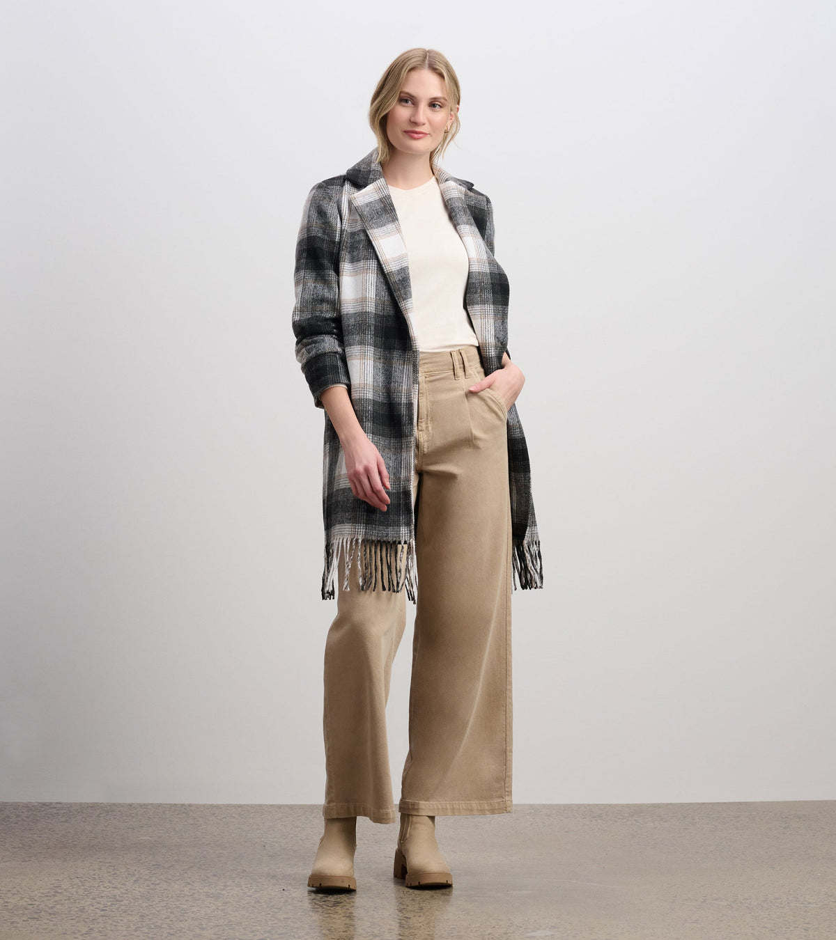 Fringe Jacket - Black and Taupe Plaid - Hatley Women