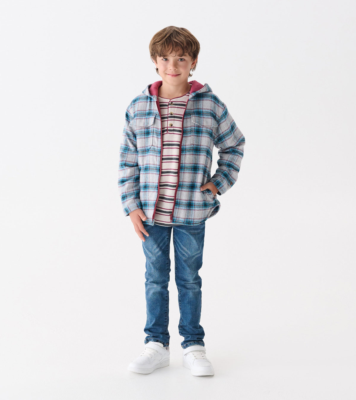 Boys Charcoal and Maroon Plaid Lined Hooded Jacket - Hatley Boys