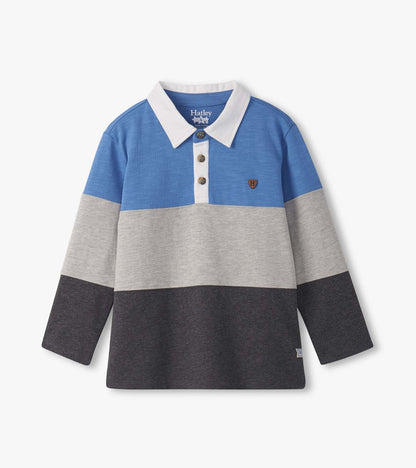 Boys Blue and Grey Color Block Long Sleeve Polo Shirt - Hatley Boys