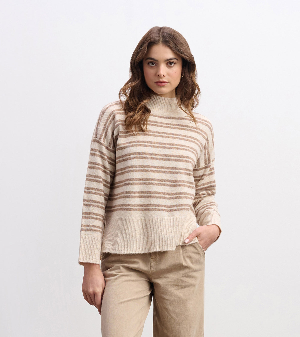 Mock Neck Sweater - Double Stripe Camel - Hatley Women