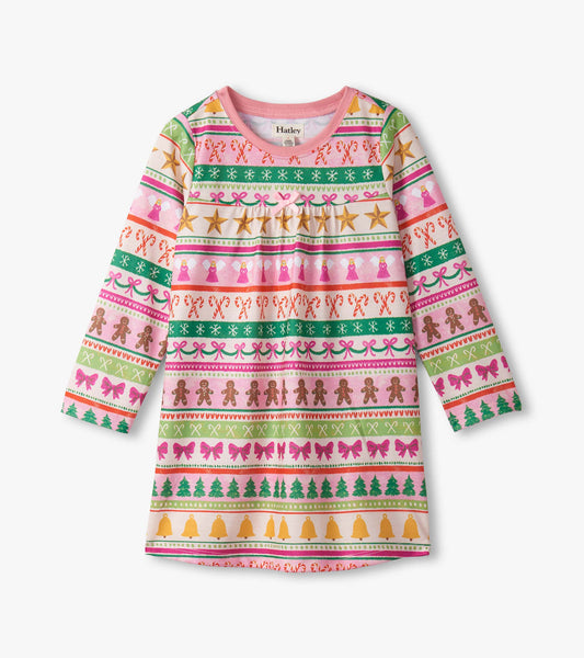 Girls Pink Fun Fair Isle Long Sleeve Nightdress - Hatley Girls