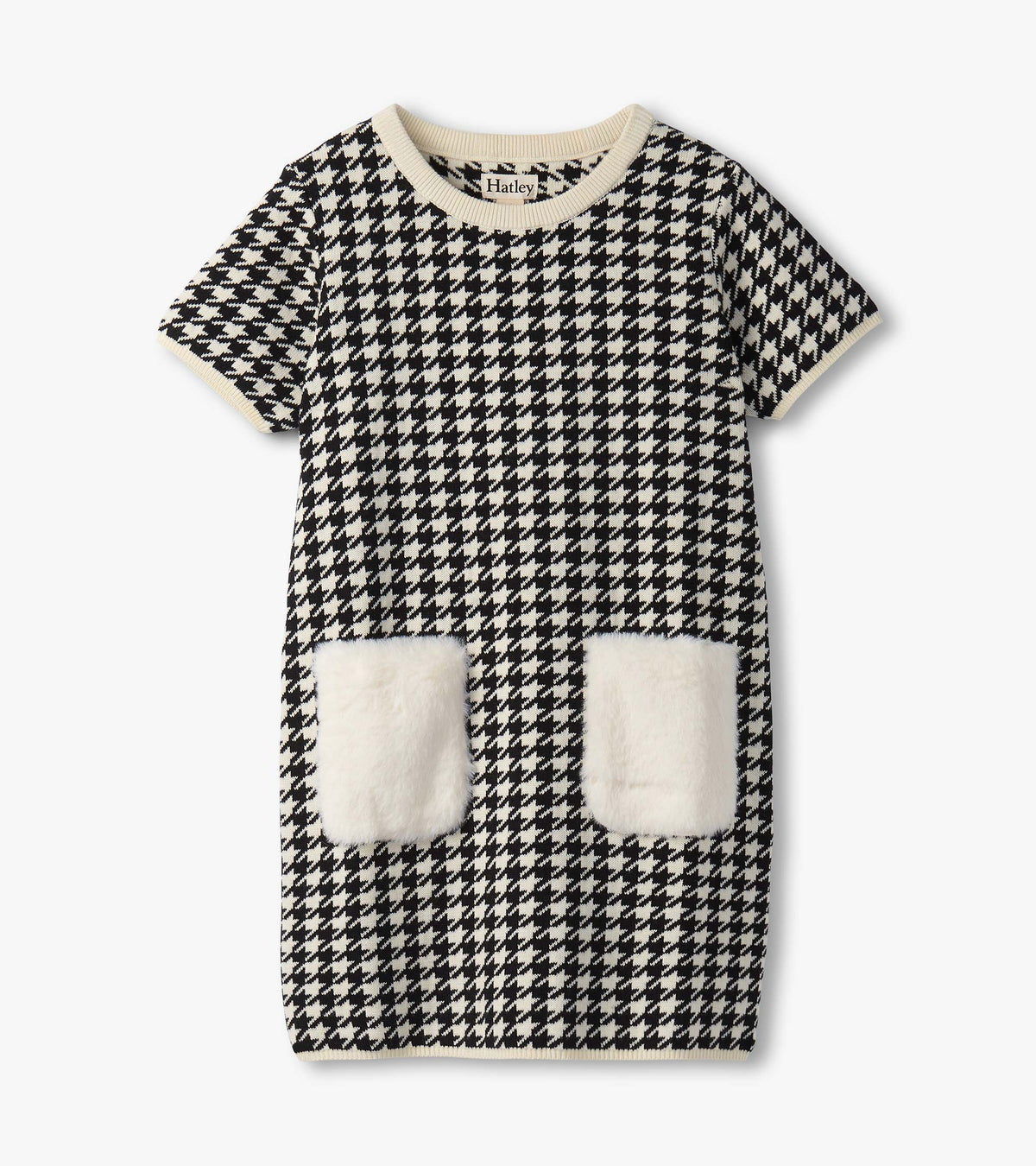 Girls Houndstooth Sweater Dress with Faux Fur Pockets - Hatley Girls