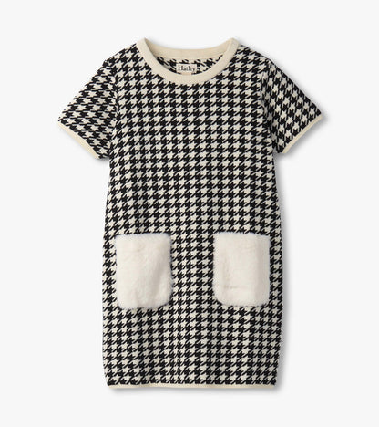 Girls Houndstooth Sweater Dress with Faux Fur Pockets - Hatley Girls
