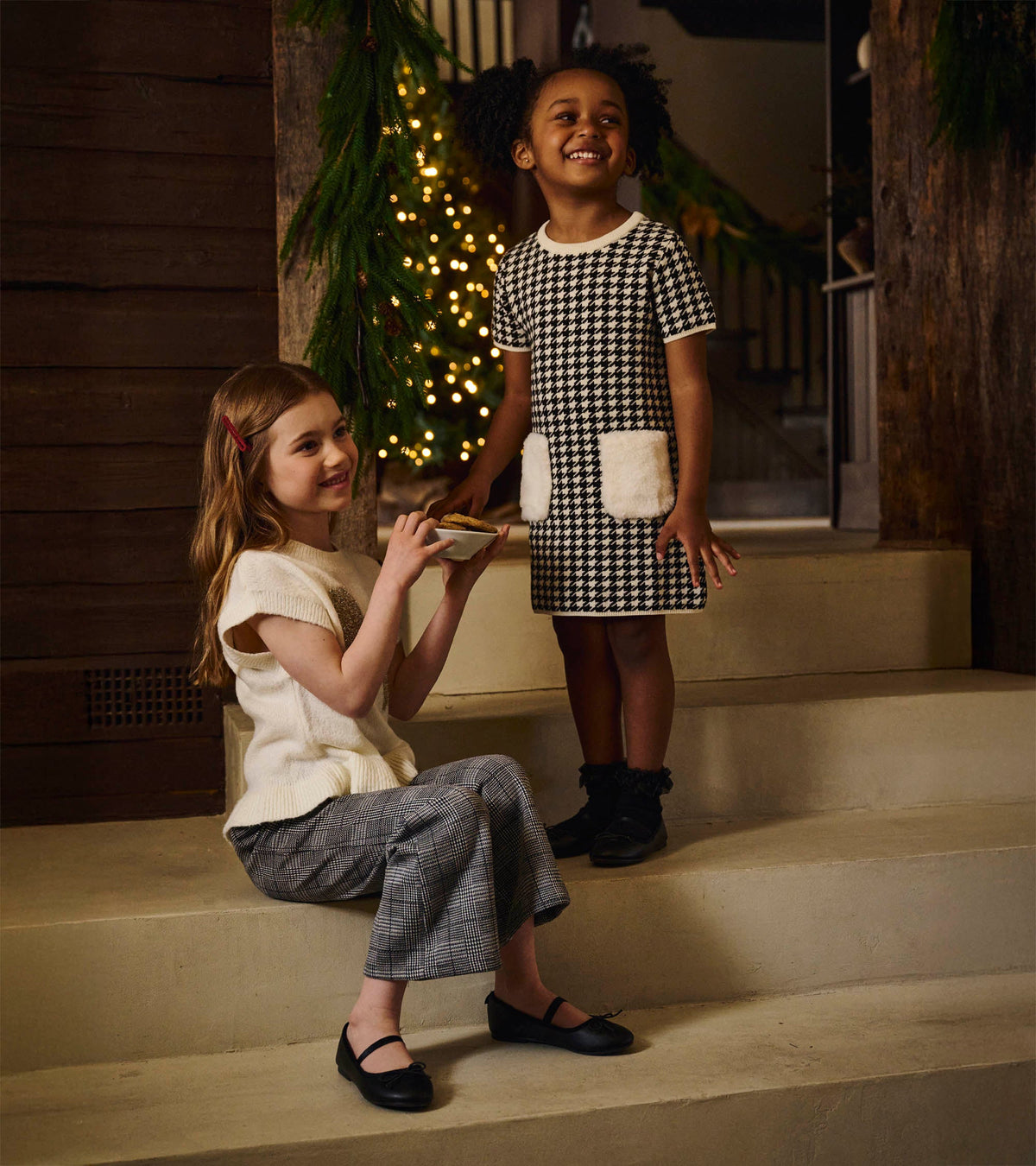 Girls Houndstooth Sweater Dress with Faux Fur Pockets - Hatley Girls