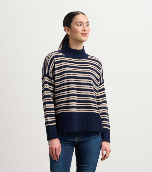 Mock Neck Sweater - Navy and Camel Stripe - Hatley Women