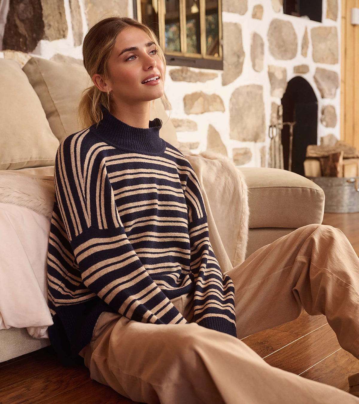 Mock Neck Sweater - Navy and Camel Stripe - Hatley Women