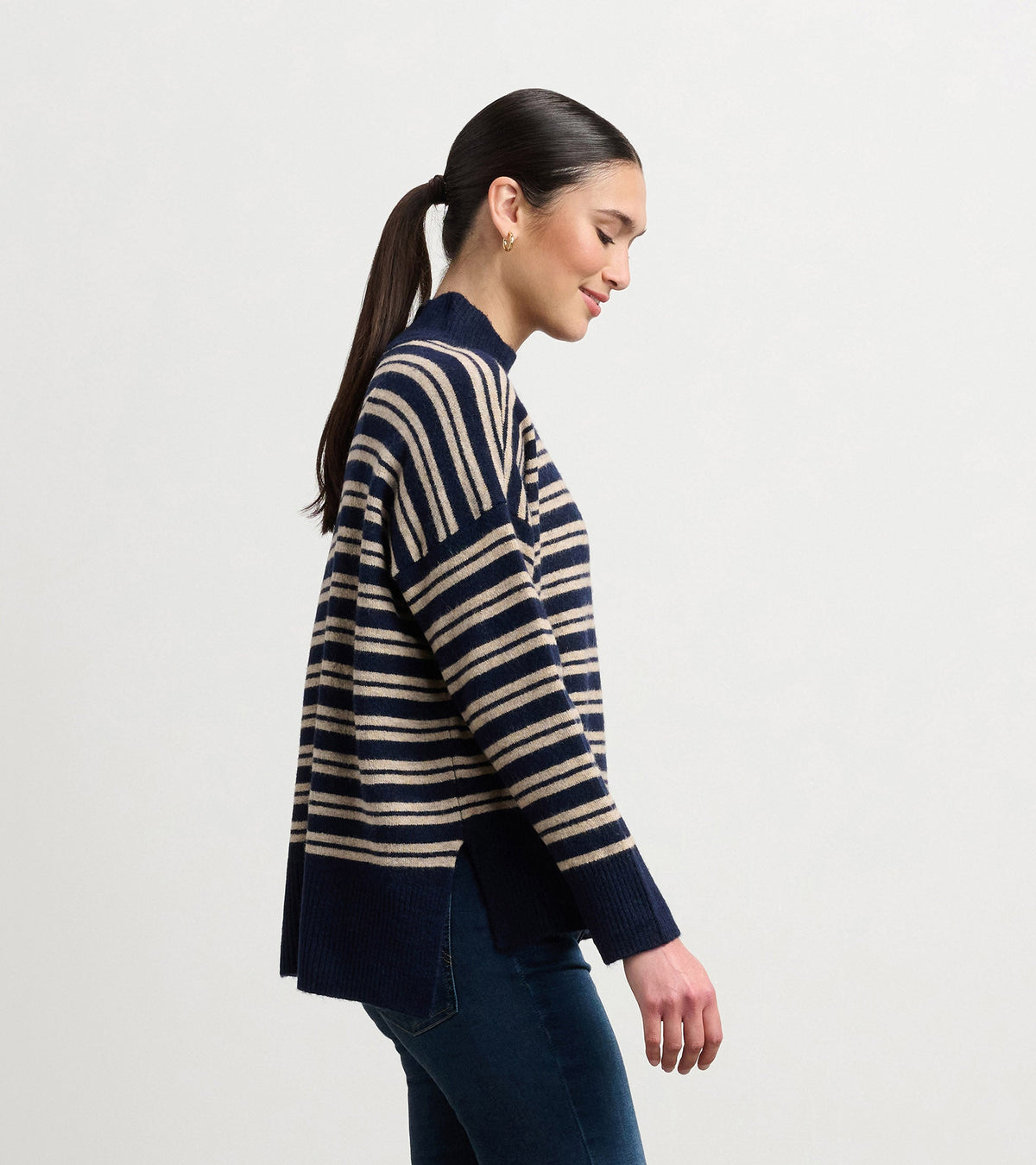 Mock Neck Sweater - Navy and Camel Stripe - Hatley Women