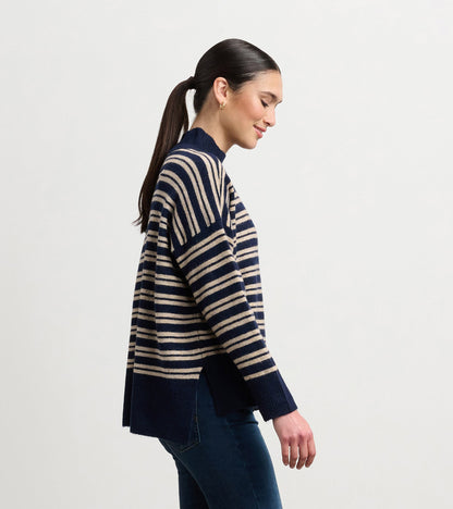 Mock Neck Sweater - Navy and Camel Stripe - Hatley Women