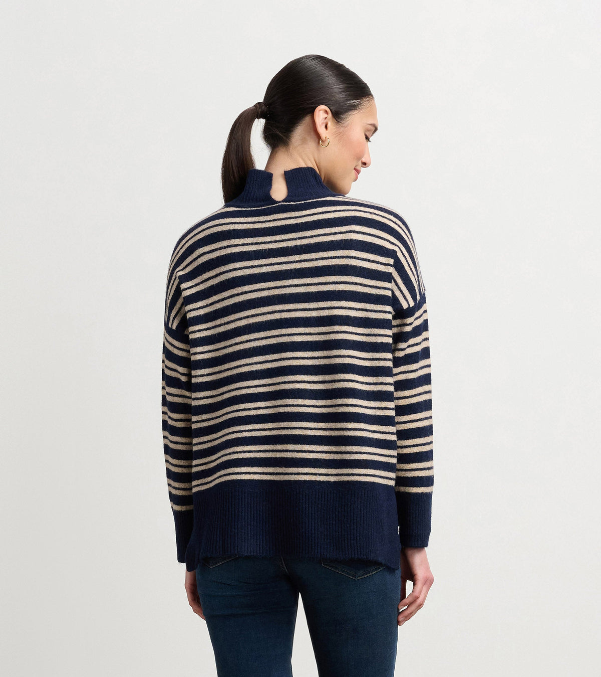 Mock Neck Sweater - Navy and Camel Stripe - Hatley Women