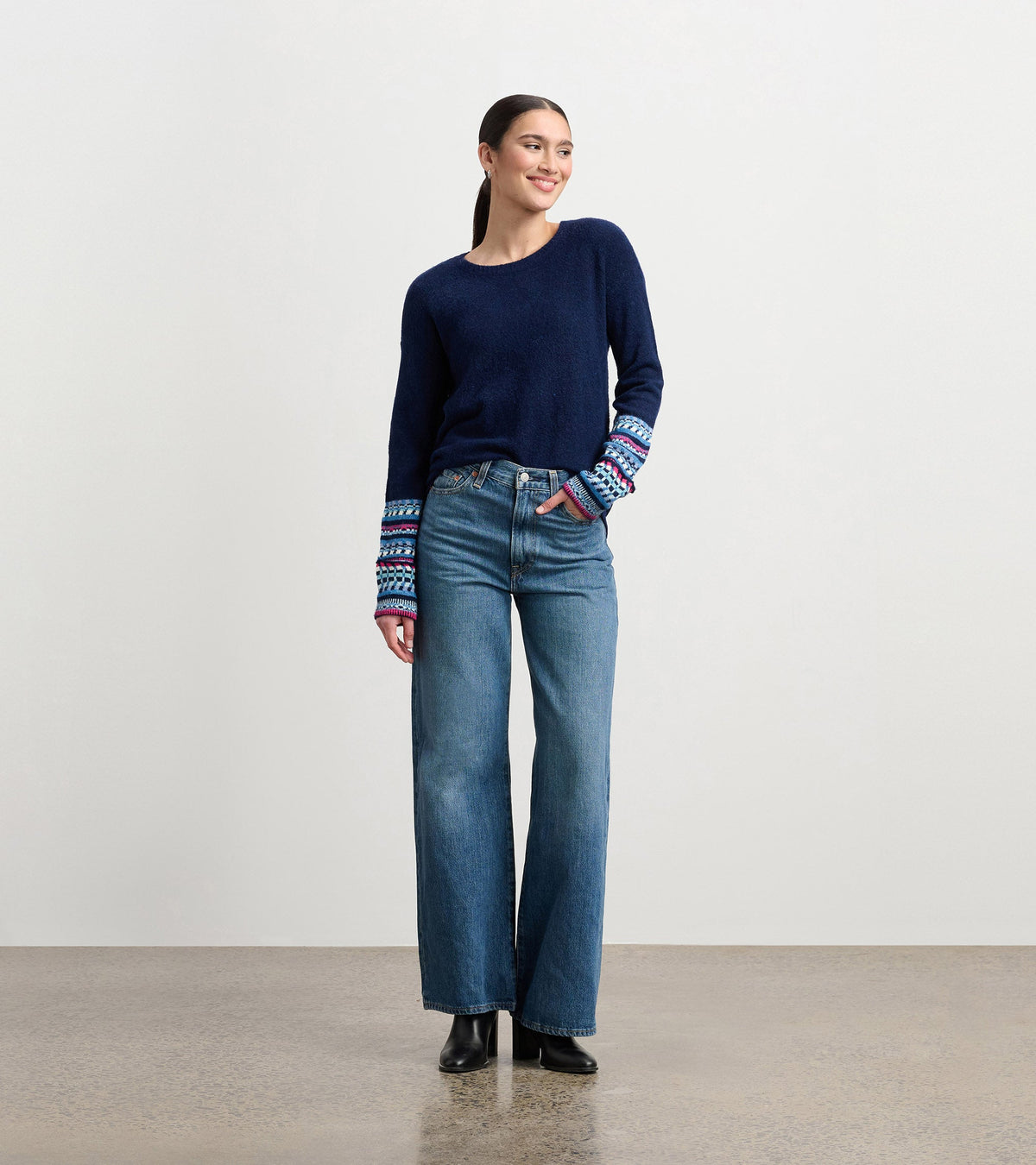 Jacquard Cuff Sweater - Navy - Hatley Women