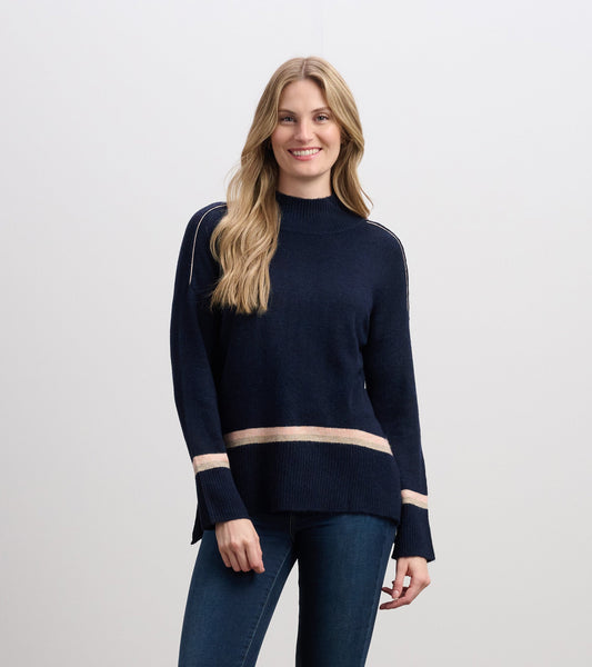 Mock Neck Sweater - Navy Stripe - Hatley Women