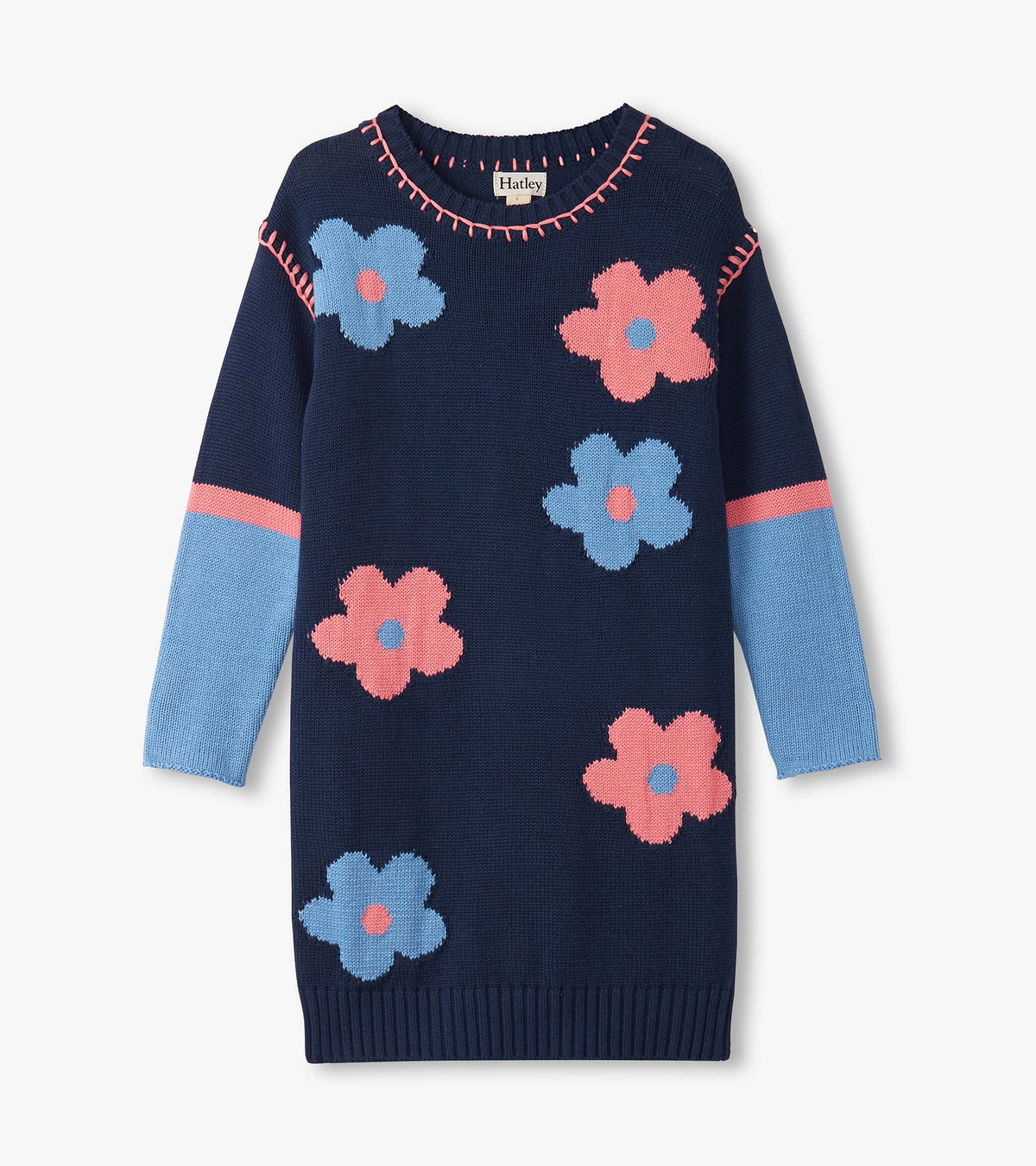 Girls Navy Flower Drop Shoulder Sweater Dress - Hatley Girls