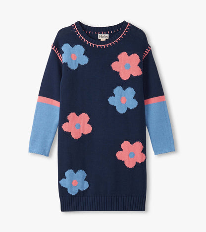 Girls Navy Flower Drop Shoulder Sweater Dress - Hatley Girls