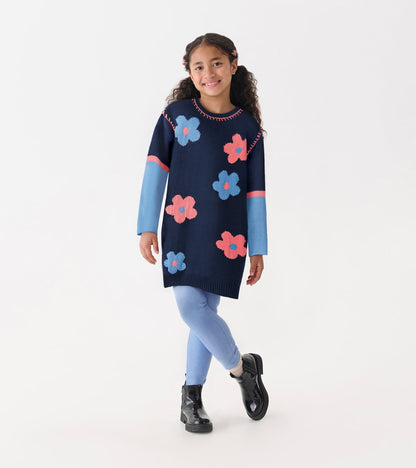 Girls Navy Flower Drop Shoulder Sweater Dress - Hatley Girls