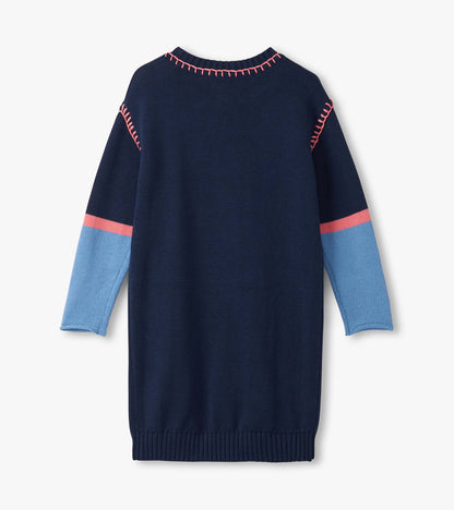 Girls Navy Flower Drop Shoulder Sweater Dress - Hatley Girls
