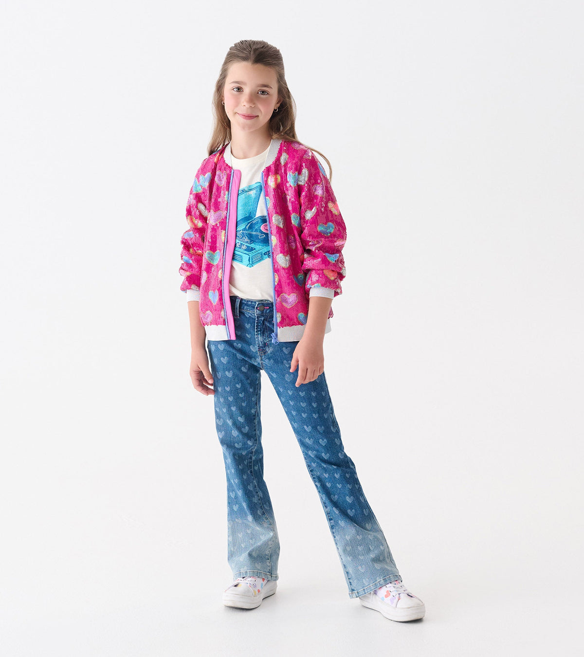 Girls Pink Busted Hearts Sequin Bomber Jacket - Hatley Girls