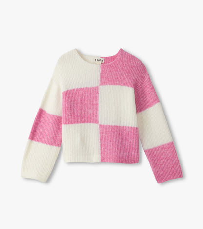 Girls Sea Pink Check Drop Shoulder Sweater - Hatley Girls