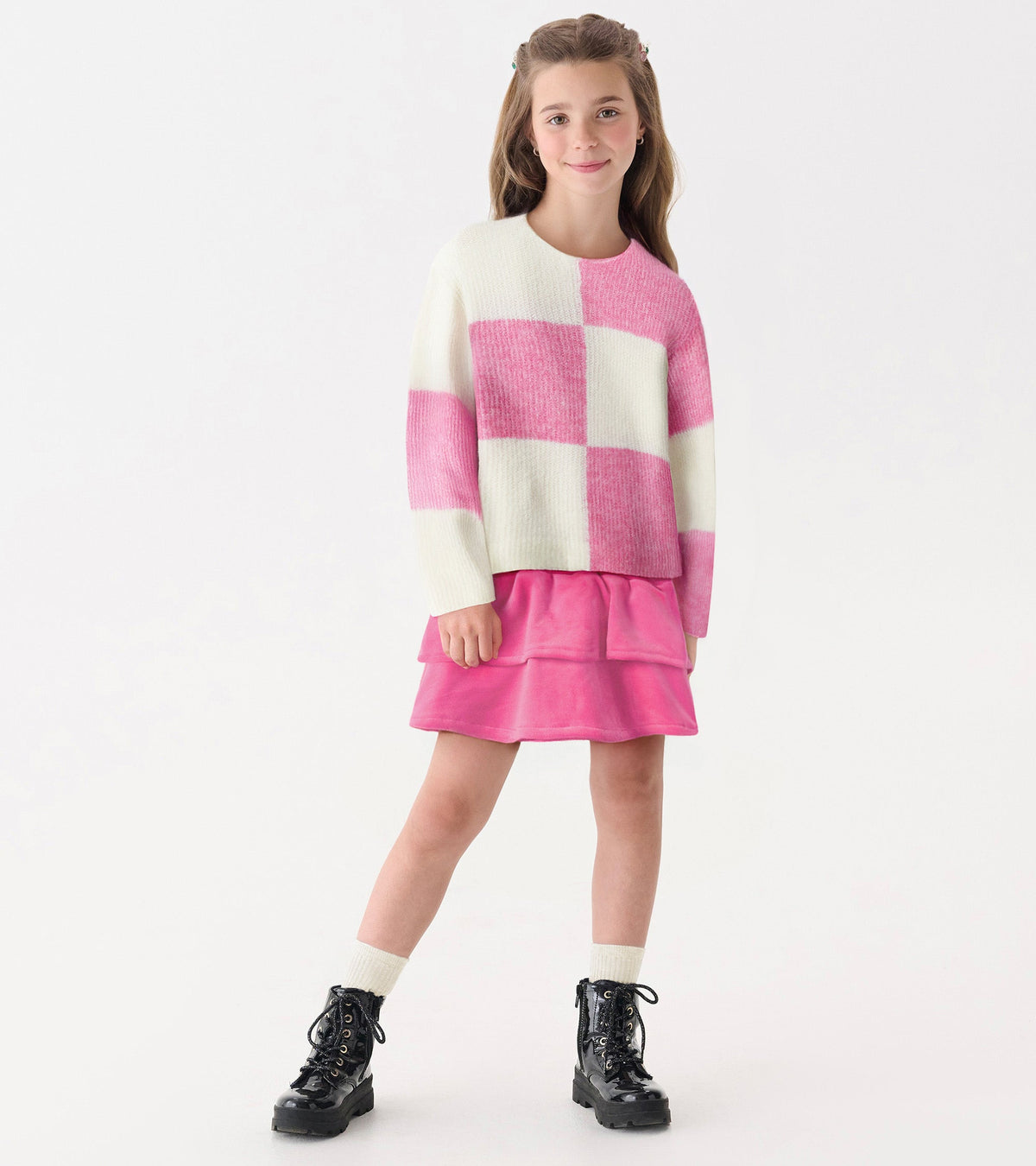 Girls Sea Pink Check Drop Shoulder Sweater - Hatley Girls