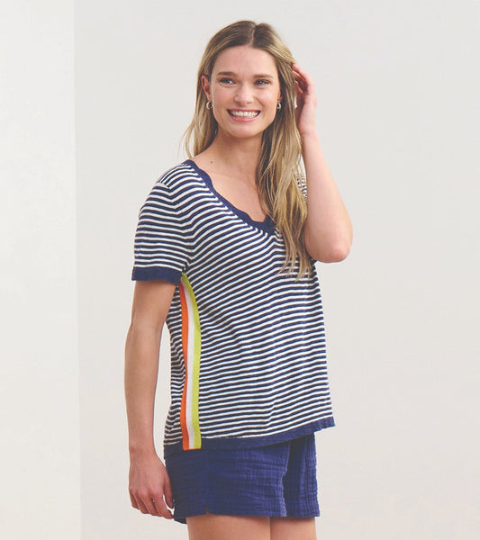 V-Neck Knit Tee - Patriot Blue Stripes - Hatley Women