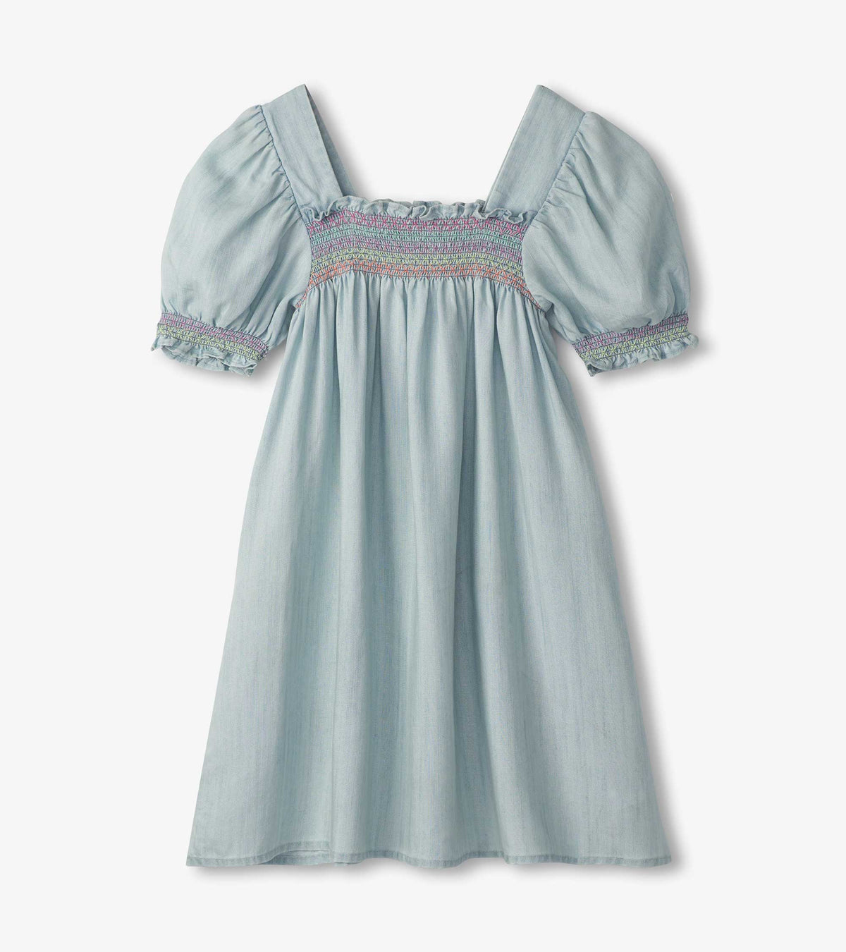 Girls Soft Blue Denim Puff Sleeve Smocked Dress - Hatley Girls