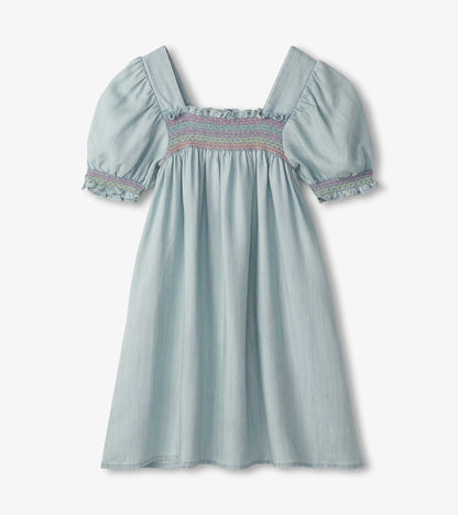 Girls Soft Blue Denim Puff Sleeve Smocked Dress - Hatley Girls