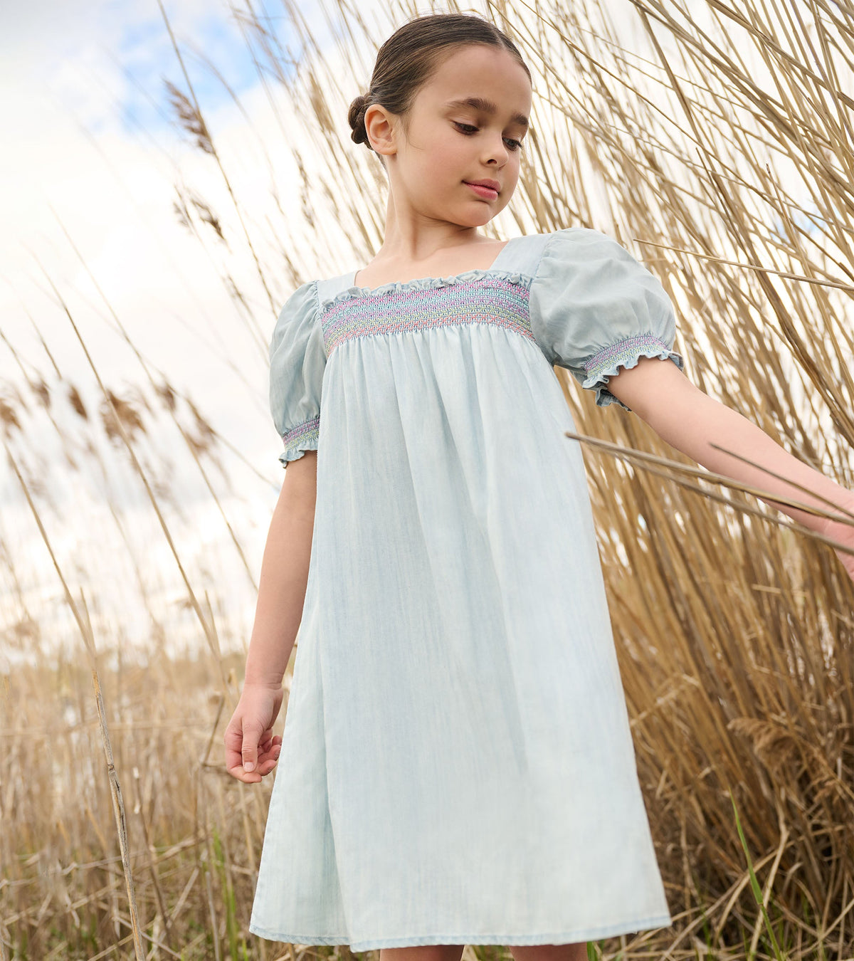 Girls Soft Blue Denim Puff Sleeve Smocked Dress - Hatley Girls