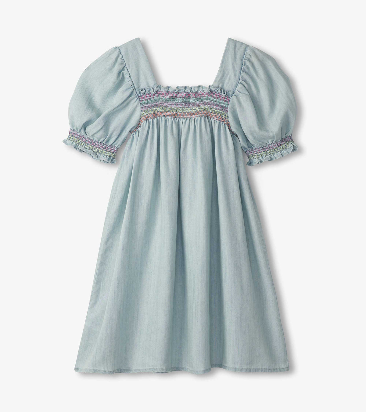 Girls Soft Blue Denim Puff Sleeve Smocked Dress - Hatley Girls
