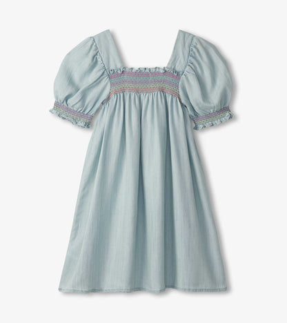 Girls Soft Blue Denim Puff Sleeve Smocked Dress - Hatley Girls