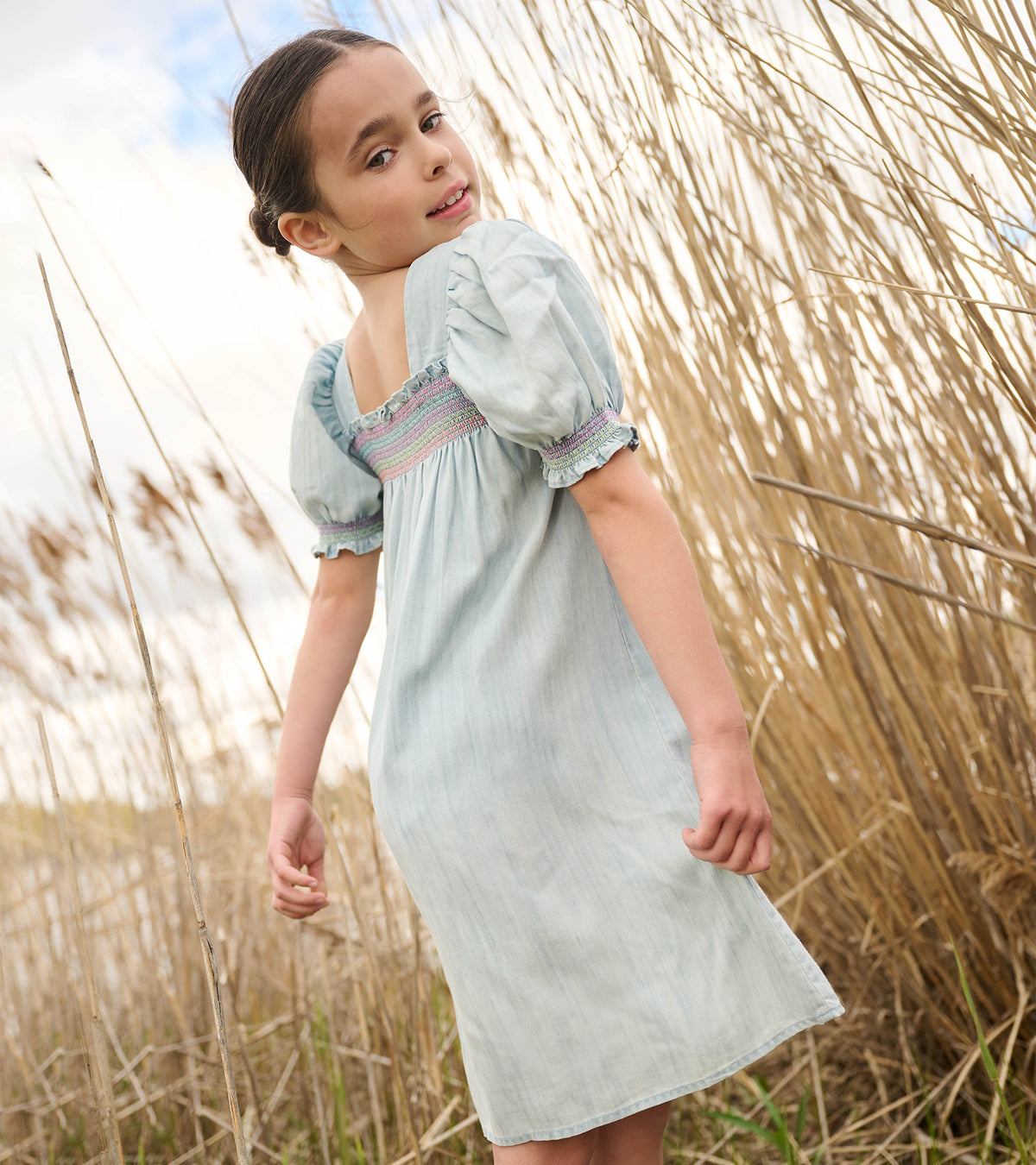 Girls Soft Blue Denim Puff Sleeve Smocked Dress - Hatley Girls
