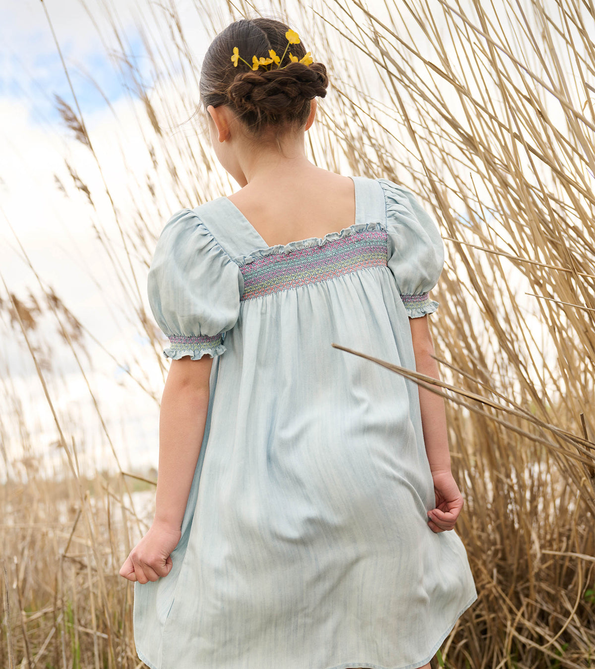 Girls Soft Blue Denim Puff Sleeve Smocked Dress - Hatley Girls
