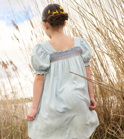 Girls Soft Blue Denim Puff Sleeve Smocked Dress - Hatley Girls