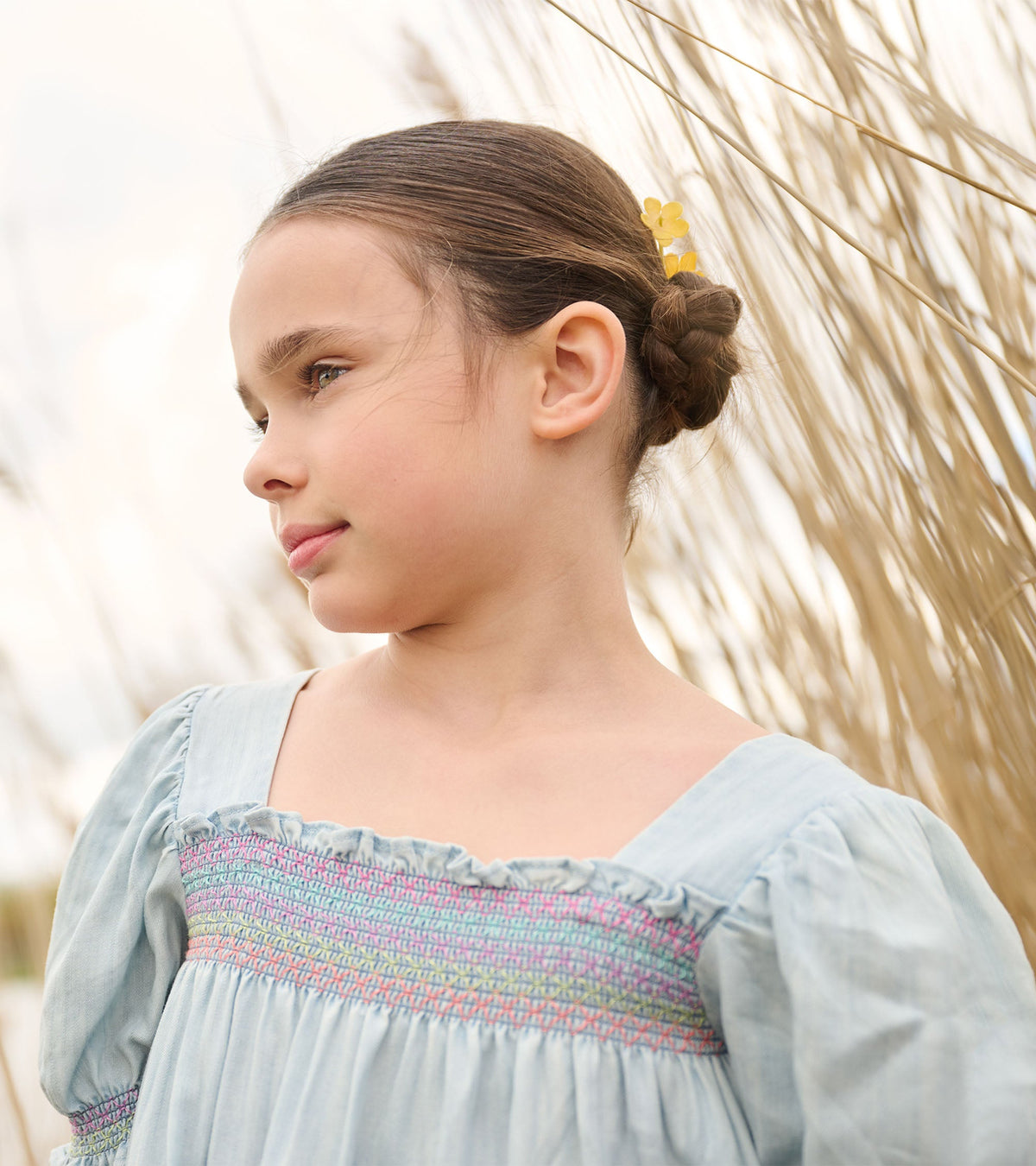 Girls Soft Blue Denim Puff Sleeve Smocked Dress - Hatley Girls