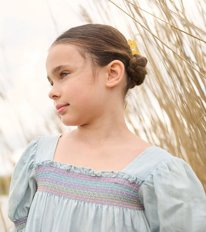 Girls Soft Blue Denim Puff Sleeve Smocked Dress - Hatley Girls