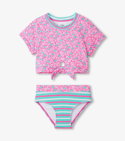 Girls Pink Floral Stripes Tie-Front Two-Piece Swimsuit - Hatley Girls