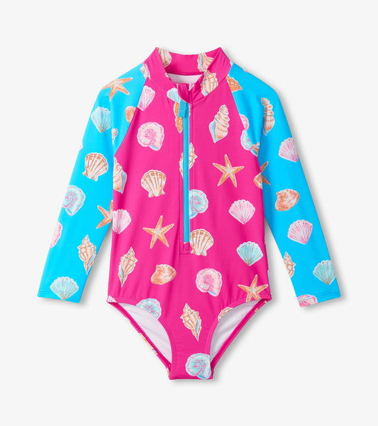 Girls Sea Shells Long Sleeve One-Piece Rashguard Swimsuit - Hatley Girls