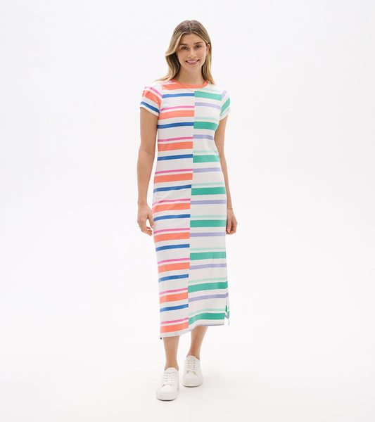 Pleated Sleeve Midi Dress - Offset Stripes - Hatley Women