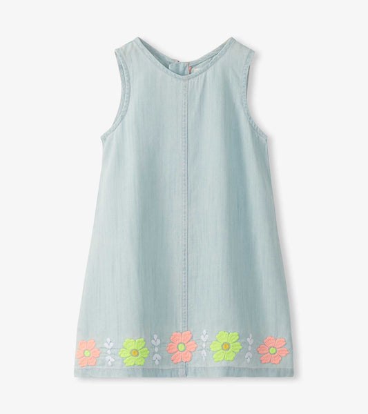 Girls Soft Blue Tencel Embroidered Pinafore Dress - Hatley Girls