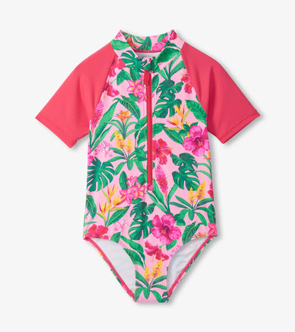 Girls Tropical Flowers Short Sleeve One-Piece Rashguard Swimsuit - Hatley Girls