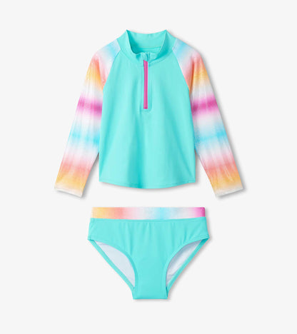Girls Turquoise Shimmer Long Sleeve Two-Piece Rashguard Swimsuit - Hatley Girls